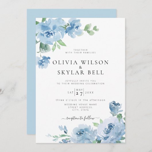 Light Blue Floral Baby Blue Botanical Wedding Invi Einladung (Vorne/Hinten)