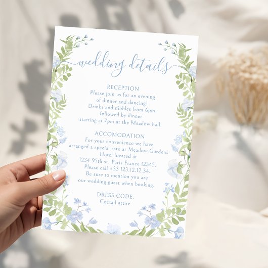 Light blue floral Boho Chic Wedding Details Cards Begleitkarte