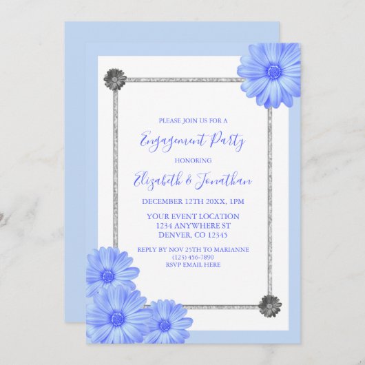 Light Blue Floral Elegante Engagement Party Einladung (Vorne/Hinten)