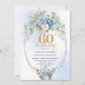 Light Blue Floral Gold 60th Birthday Invitation Einladung (Vorderseite)