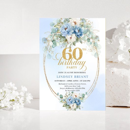 Light Blue Floral Gold 60th Birthday Invitation Einladung