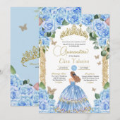 Light Blue Floral Gold Butterfly Quinceañera Einladung (Vorne/Hinten)