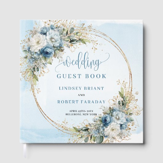 Light Blue Floral Gold Glitter Boho wedding guest  Gästebuch (Vorderseite)