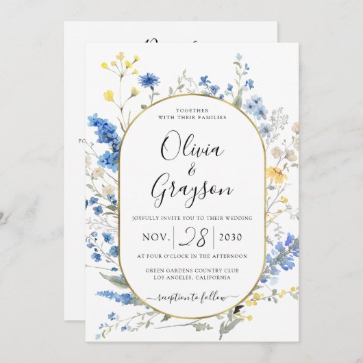 Light Blue Floral Gold QR UAWG alle in 1 Hochzeit Einladung (Vorne/Hinten)
