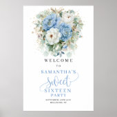 Light Blue Floral Greenery Sweet 16 Welcome Poster (Vorne)