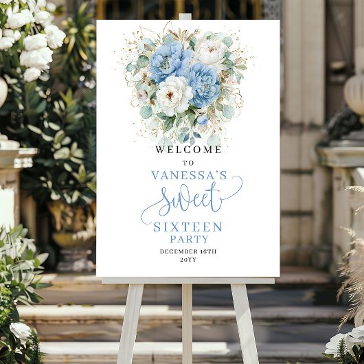Light Blue Floral Greenery Sweet 16 Welcome Poster