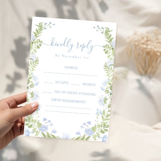 Light Blue Floral Greenery Wedding RSVP Cards Begleitkarte