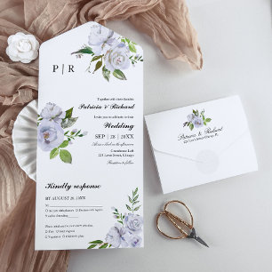 Light Blue Floral Monogram Elegante Wedding All In One Einladung