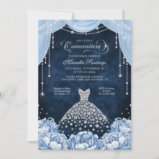 Light Blue Floral Princess Quinceanera Invitation Einladung (Vorderseite)