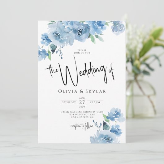 Light Blue Floral QR Code UAWG alle in einer Hochz Einladung (Stehend Vorderseite)