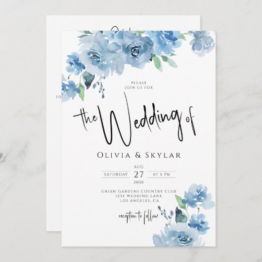 Light Blue Floral QR Code UAWG alle in einer Hochz Einladung (Vorne/Hinten)