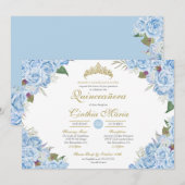 Light Blue Floral Rosen Aschenputtel Quinceanera Einladung (Vorne/Hinten)