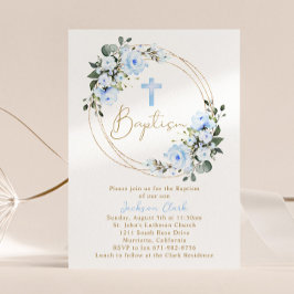 Light Blue Floral Taufen Christening Gold Rahmen Einladung