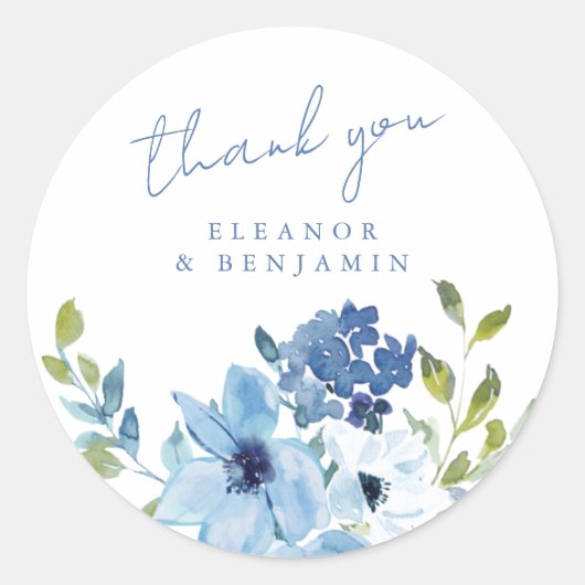 Light Blue Floral Wedding Danke Custom Runder Aufkleber (Vorderseite)