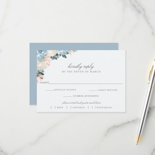 Light Blue Floral Wedding RSVP Meal Choice Card Karte (Vorderseite/Rückseite Beispiel)