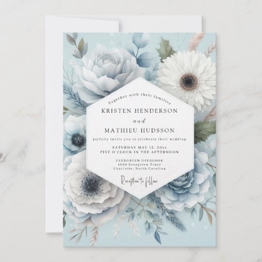 Light Blue Floral Whimsical Wedding Einladung (Vorderseite)
