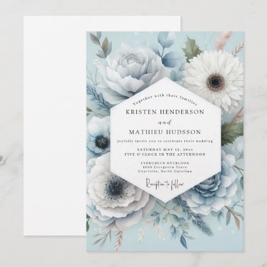 Light Blue Floral Whimsical Wedding Einladung (Vorne/Hinten)