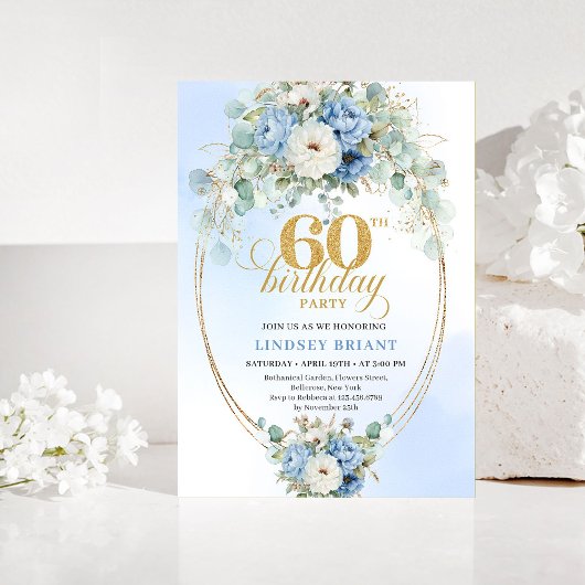 Light blue floral white peony gold 60th birthday  einladung