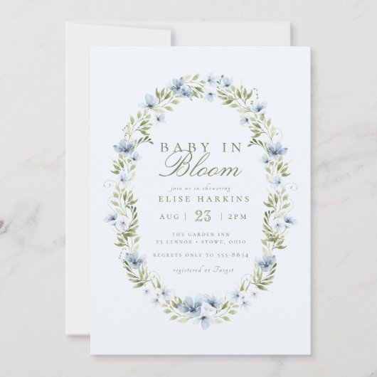 Light Blue Floral Wreath Baby in Bloom Baby Dusche Einladung (Vorderseite)