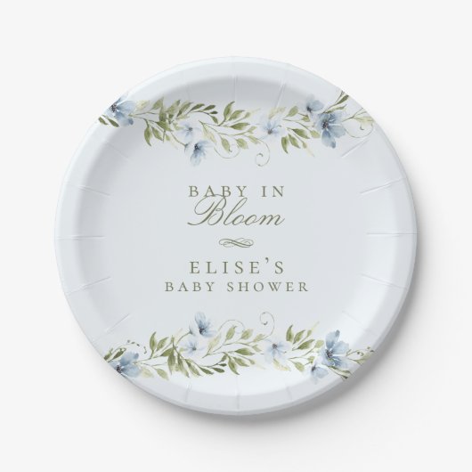 Light Blue Floral Wreath Baby in Bloom Baby Dusche Pappteller (Vorderseite)