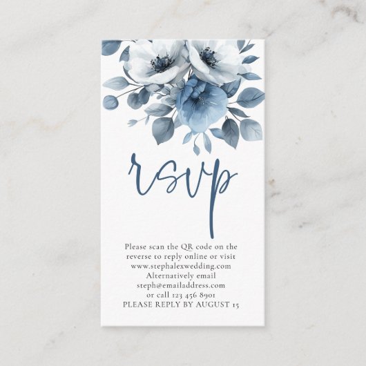 Light Blue Florals Script QR Code Wedding RSVP Begleitkarte (Vorderseite)