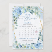 Light Blue Flowers Gold Geometric Month Boho Save The Date (Vorderseite)