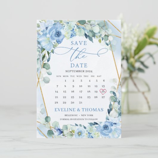 Light Blue Flowers Gold Geometric Month Boho Save The Date (Stehend Vorderseite)