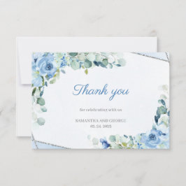 Light Blue Flowers Imitate Silver Geometric Weddin Dankeskarte