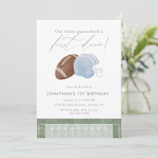 Light Blue Football Helmet First Birthday Einladung (Stehend Vorderseite)
