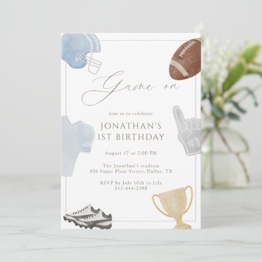 Light blue Game On Football Birthday Einladung (Stehend Vorderseite)