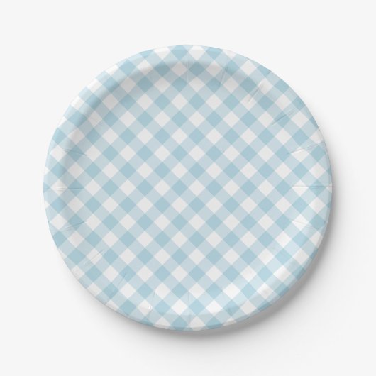 Light Blue Gingham Kariertes Muster Pappteller (Vorderseite)