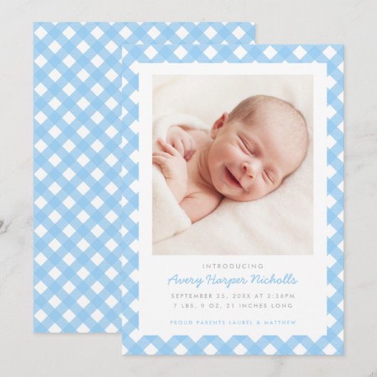 Light Blue Gingham Single Foto Birth Ankündigung (Vorne/Hinten)