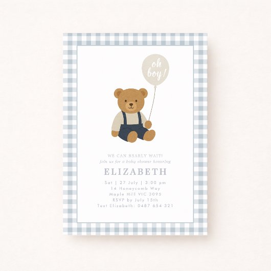 Light Blue Gingham Teddy Bear Baby Dusche Einladung