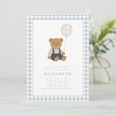 Light Blue Gingham Teddy Bear Baby Dusche Einladung (Stehend Vorderseite)