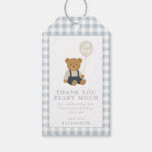 Light Blue Gingham Teddy Bear Baby Dusche Geschenkanhänger (Vorderseite)