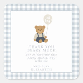 Light Blue Gingham Teddy Bear Baby Dusche Quadratischer Aufkleber