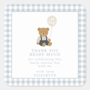 Light Blue Gingham Teddy Bear Baby Dusche Quadratischer Aufkleber