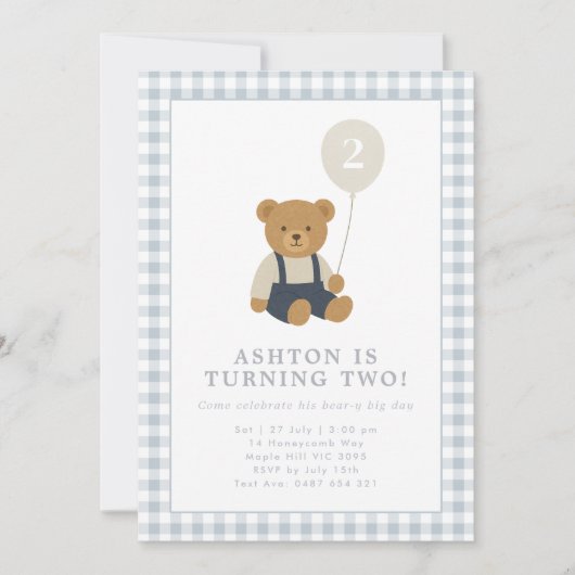 Light Blue Gingham Teddy Bear Birthday Einladung (Vorderseite)