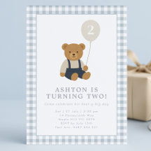 Light Blue Gingham Teddy Bear Birthday Einladung