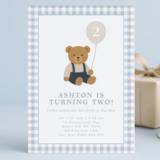 Light Blue Gingham Teddy Bear Birthday Einladung