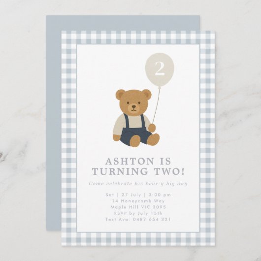 Light Blue Gingham Teddy Bear Birthday Einladung (Vorne/Hinten)