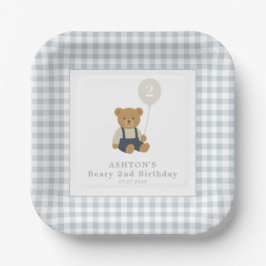 Light Blue Gingham Teddy Bear Birthday Party Pappteller