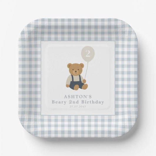 Light Blue Gingham Teddy Bear Birthday Party Pappteller (Vorderseite)