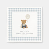 Light Blue Gingham Teddy Bear Birthday Party Serviette (Vorderseite)