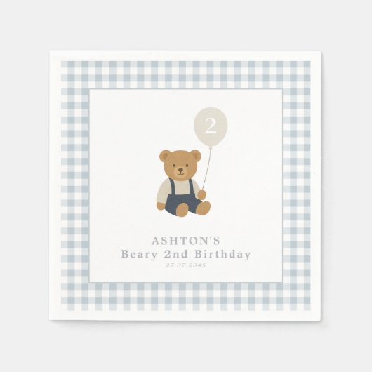 Light Blue Gingham Teddy Bear Birthday Party Serviette (Vorderseite)