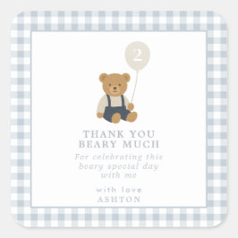 Light Blue Gingham Teddy Bear Birthday Quadratischer Aufkleber