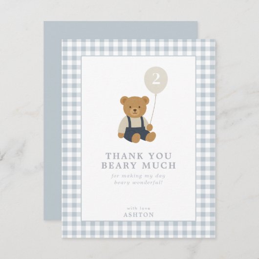 Light Blue Gingham Teddy Bear Dankeschön Karte (Vorne/Hinten)
