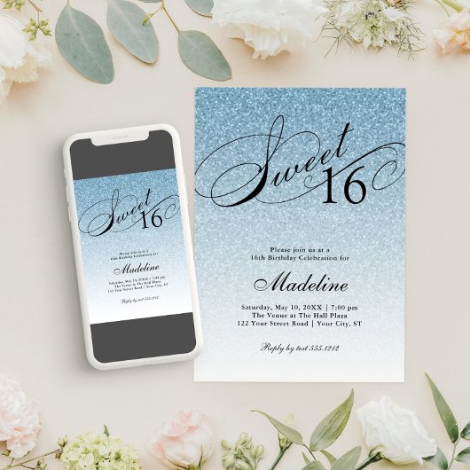 Light Blue Glam Glitzer Sweet 16 Einladung