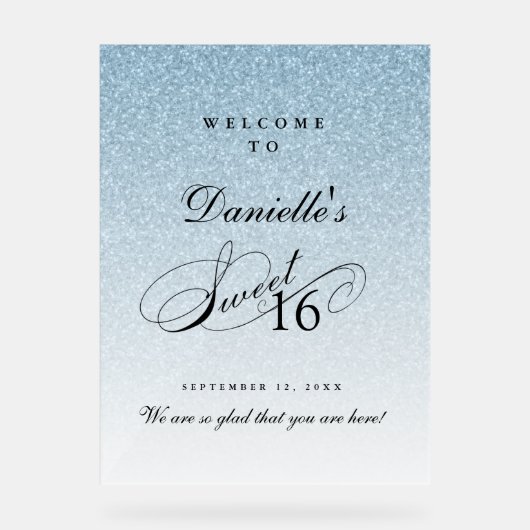 Light Blue Glitter Sweet 16 Personalized Welcome Acrylschild (Vorderseite)