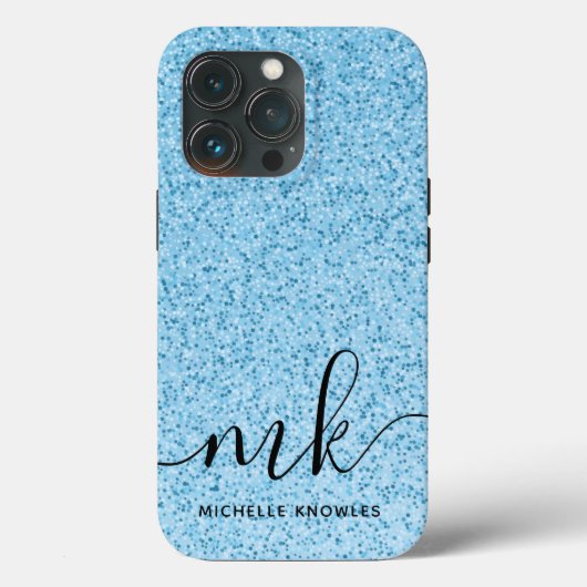 Light Blue Glitzer Bokeh Custom Monogram und Name Case-Mate iPhone Hülle (Rückseite)